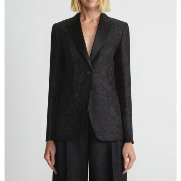 Lafayette 148 Flora Bloom Wool Silk Blazer US 8 Jacquard Suit Jacket Black Tie - Picture 3 of 16